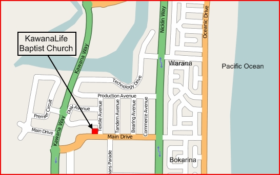 Map showing location of Kawana Life Baptist Church, Warana, Sunshine Coast, Queensland.